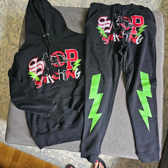 SHHH Men's Black Stop Snitching Pullover Hoodie & Joggers Trousers Size small - Picture 2 of 12